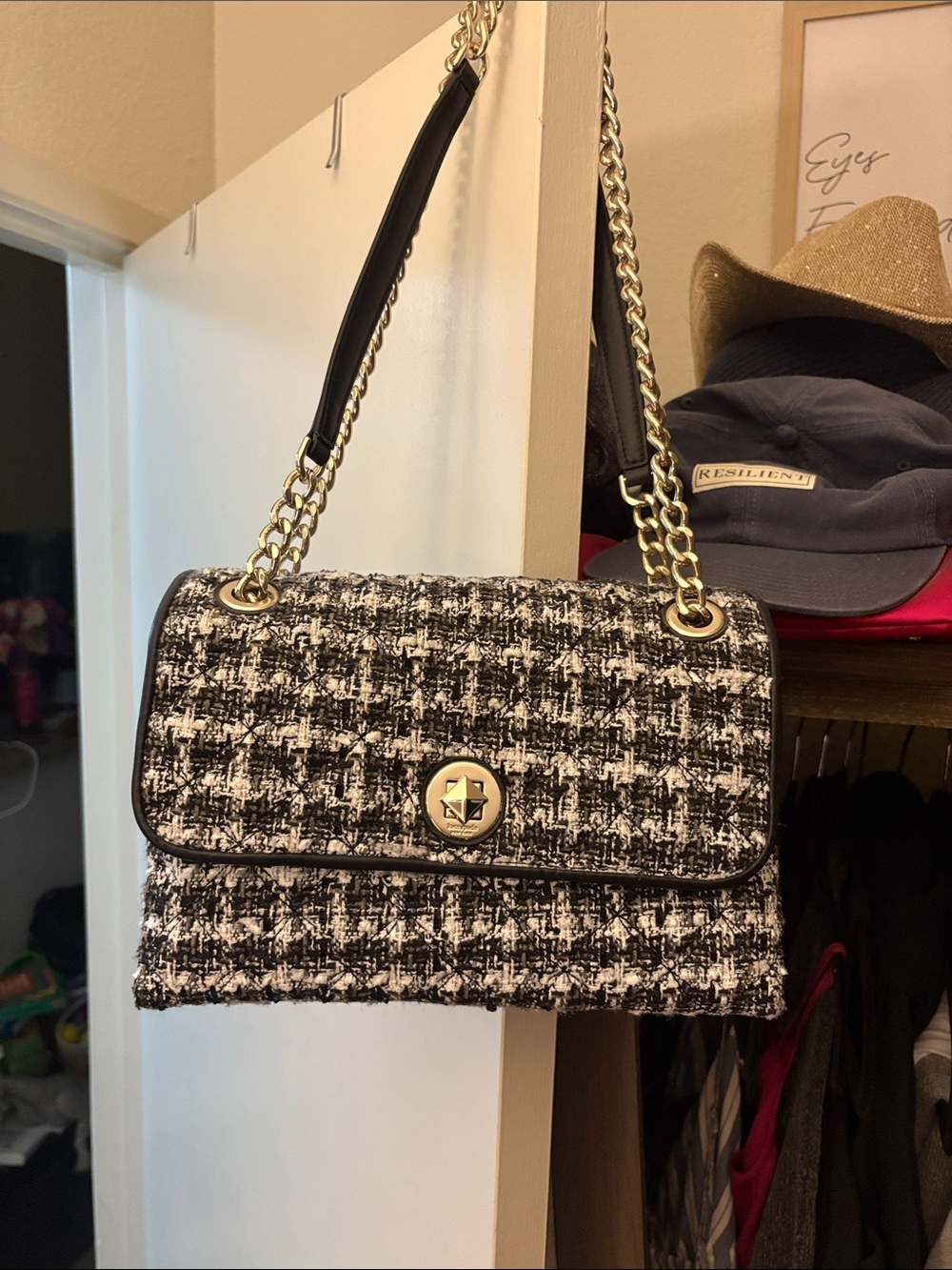 kate spade Black & White Tweed Shoulder Bag with Gold Chain